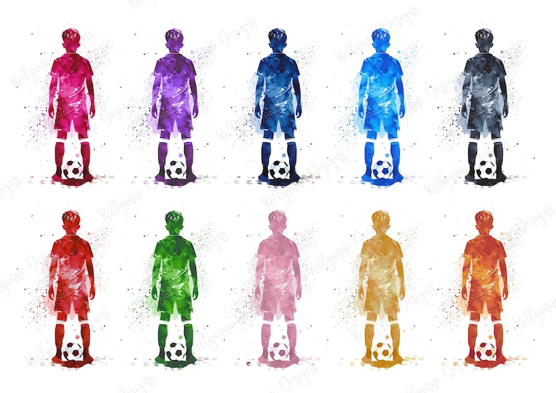 Puede incluir: Una ilustraci&oacute;n de acuarela de un jugador de f&uacute;tbol en diez colores diferentes. El jugador est&aacute; de pie con un bal&oacute;n de f&uacute;tbol a sus pies. Los colores son rojo, naranja, amarillo, verde, azul, morado, rosa, negro, blanco y gris.