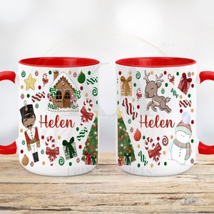 May include: A white ceramic mug with a red interior and handle, featuring a festive Christmas design. The design includes a gingerbread house, nutcracker, snowman, reindeer, and the name "Helen". The mug is decorated with candy canes, gifts, and Christmas trees.