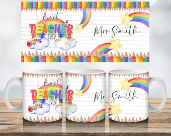 Best Teacher Rainbow Coffee Mug, Personalised Teacher Gift