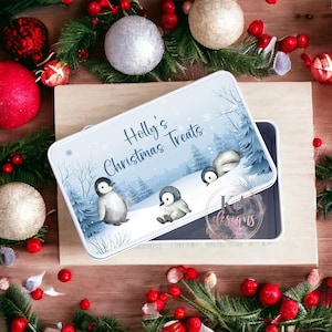 Christmas Storage Tin, Christmas Treats, Personalised Penguin Tin, Christmas gift, Kids Treat Tin