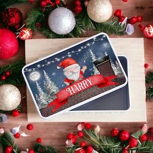 Christmas Storage Tin, Christmas Treats, Personalised Santa Tin, Christmas gift, Kids Treat Tin