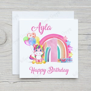 Personalised Unicorn Happy Birthday Card, Rainbow Unicorn Card, Ages 1-13, Girls Birthday,Daughter, Granddaughter, Free Uk Delivery