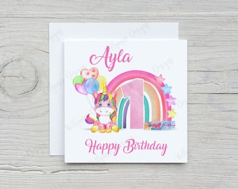Personalised Unicorn Birthday Card: Rainbow Design, Girls Ages 1-13