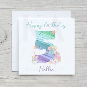 Unicorn Cake Birthday Card, Personalised Birthday Card, Rainbow Unicorn, Daughter, Granddaughter, Niece, Goddaughter, Sister