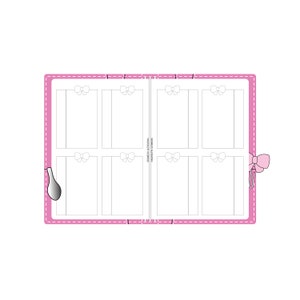Pode incluir: Um caderno rosa com um padrão de grade branca e um laço rosa no lado direito. O caderno tem seis seções com um laço na parte superior de cada seção.