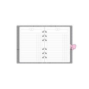 May include: A gray, lined, spiral bound notebook with a pink bow on the right side. The notebook has two sections with a white bow on each side.