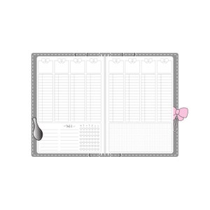 Puede incluir: Agenda abierto con una cubierta gris y páginas interiores blancas. La página izquierda tiene un clip plateado y la página derecha tiene un clip de papel con forma de lazo rosa. Las páginas están divididas en secciones para programar y tomar notas.