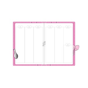 May include: A pink planner with a dashed line border and a bow on the right side. The planner has five sections with a bow at the top of each section.