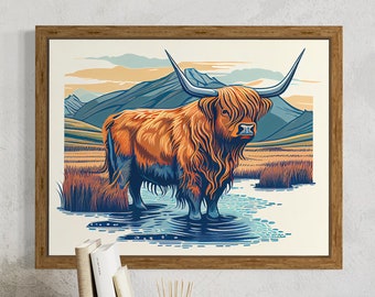 PRINTABLE | Highland cow canvas wall art, Farmhouse decor Cow Brown cow Rustic wall decor Animals painting Scottish INSTANT DOWNLOAD