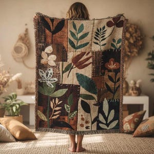 Leaf Patchwork Woven Blanket | Folk Art Cotton Throw (Personalized)