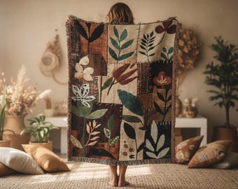 Leaf Patchwork Woven Blanket | Folk Art Cotton Throw (Personalized)