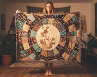 Patchwork Moon Blanket | Celestial Folk Art Cotton Throw