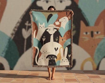 Woven Cotton Blanket – Folk Art Pets Design, Personalized Throw