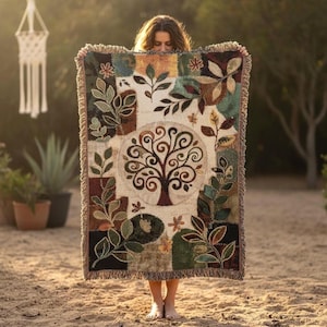 Manta Patchwork Árvore Tecida | Manta Artesanal com Tema da Natureza, Personalizada