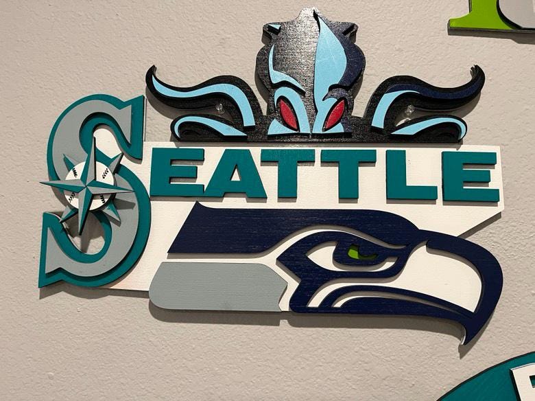 Laser cut Seattle sports teams. Kraken, Mariners, and Seahawks.  3d sign with many layers