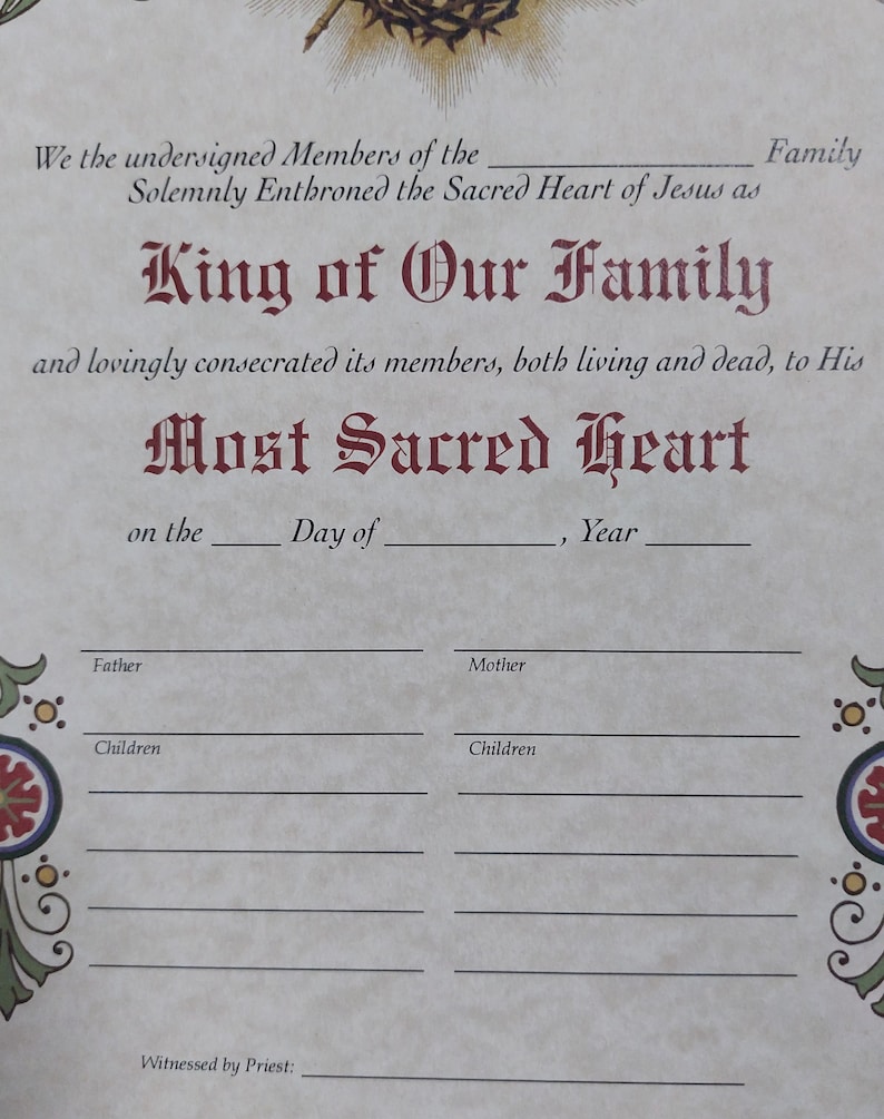 Sacred Heart Enthronement Certificate - Catholic Art Print, unframed image 4