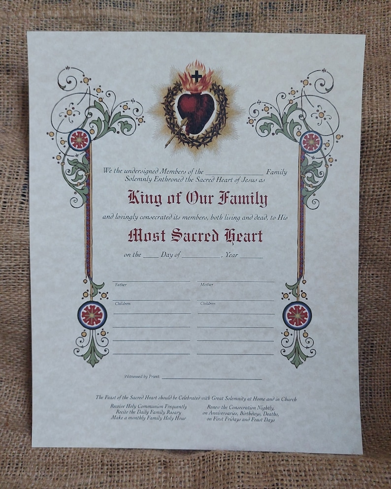 Sacred Heart Enthronement Certificate - Catholic Art Print, unframed image 2