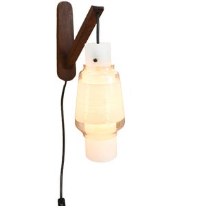Midcentury wooden wall lamp with double glass sconces, Danish style 60s, Pastoe