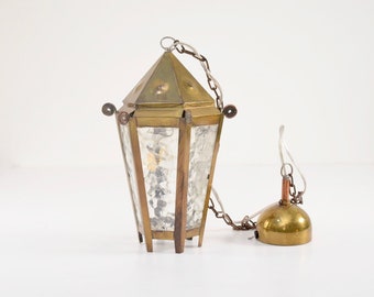 Vintage lantern, hanging lamp, pendant light from brass with glass, France 1940s