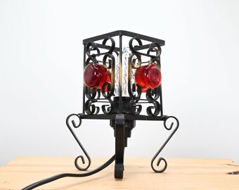 Whrought iron with thick glass table lamp attributed to Ursi AB Alvesta, Sweden 1960s
