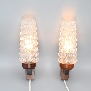 Pair of vintage Scandinavian pallisander wooden wall lamps with glass shades, Sweden 1960s