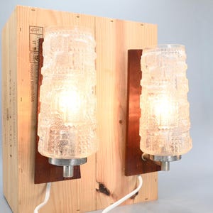 Pair of vintage Scandinavian wall lamps with pattern glass shades, Sweden 1960s