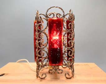 Whrought iron with thick glass table lamp by Testad Metal, Sweden 1960s
