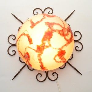 Midcentury Art Deco flushmount / ceiling lamp with marmered glass and wrought iron, France 1960s