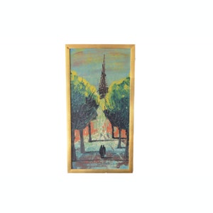 Vintage midcentury semi abstract cityscape oil painting, 1970s