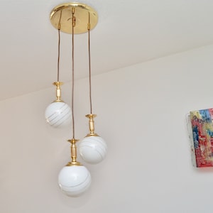 Midcentury hanging cascade hanging lamp, pendant light by Massive Belgium with gold stripes, 1980s