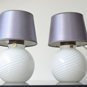 Pair of vintage white Murano swirled glass table lamps with new modern shades, Italy 1970s