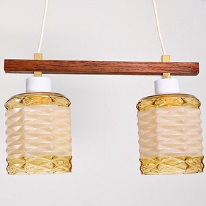 Vintage midcentury wood with glass double hanging lamp, Sweden 1960s