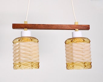 Vintage midcentury wood with glass double hanging lamp, Sweden 1960s