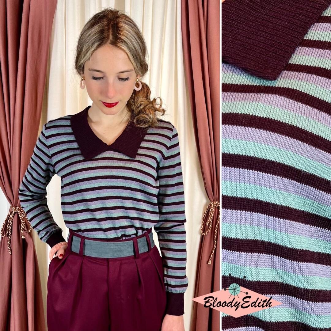 vintage 1940s wool sweater jade green yellow stripes XS - S
