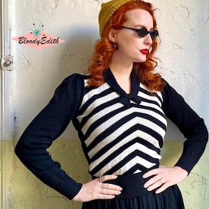 Vintage 1940s “Loretta” Jumper – Striped Wool Knit Sweater (S–XL)