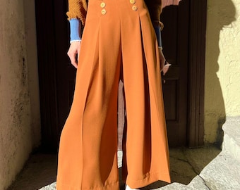 1930s Style Crepe “Pauline” Trousers – Windsor Yellow, High Waist Sailor Pants - Size XS-XL