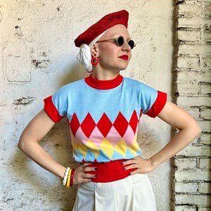 Vintage Harlequin Diamond Sweater “Kat” – 1940s 1950s Style Cotton Knit Jumper – Retro Limited Edition – Sizes S M L