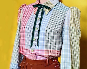 Vintage 1930s 1940s Style Gingham Print “Norah” Blouse Shirt - Limited Edition (S/M–L/XL)
