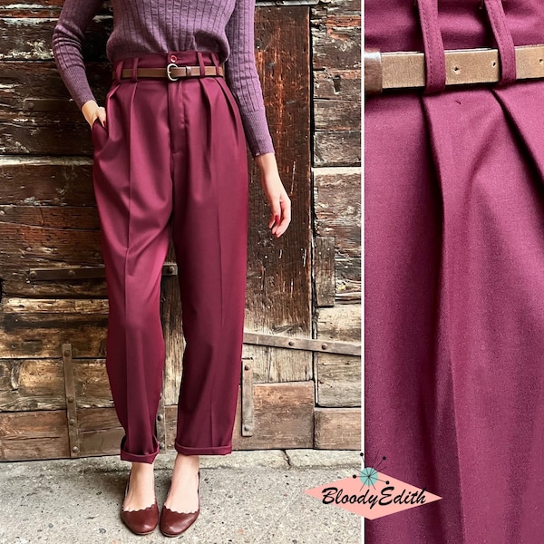 Vintage 1950s Style Puce Red Woolen Gabardine “Liz” Trousers Pants - size XS,S,M,L,XL