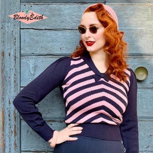 Vintage 1940s “Loretta” Jumper – Striped Wool Knit Sweater (S–XL)