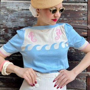 Vintage Sweater “Bianca” – 1940s 1950s Nautical Style Knit Jumper – Seahorse Wave Retro Cotton Top – Limited Edition – S M L