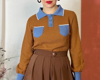 Vintage 1930s Style Woolen Knit "Brigitta" Polo Sweater  – Handmade Retro Style Jumper with Contrast Details - size S,M,L,XL