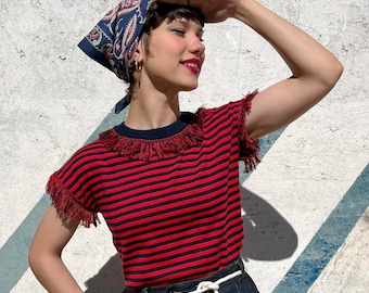 Vintage 1950s Inspired Striped Cotton Knit Fringe Sweater Top “Rita” by Bloody Edith – Size S–XL