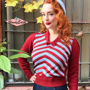 Vintage 1940s “Loretta” Jumper – Striped Wool Knit Sweater (S–XL)