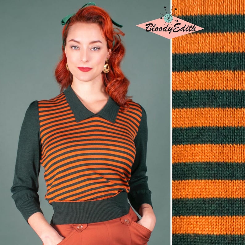 1940s Blouses, Shirts, Knit Tops Styles – Fashion History     Vintage 1940s 1950s Style Jungle Green and Orange Stripes Woolen“Mirna” Sweater Jumper - size SML  AT vintagedancer.com