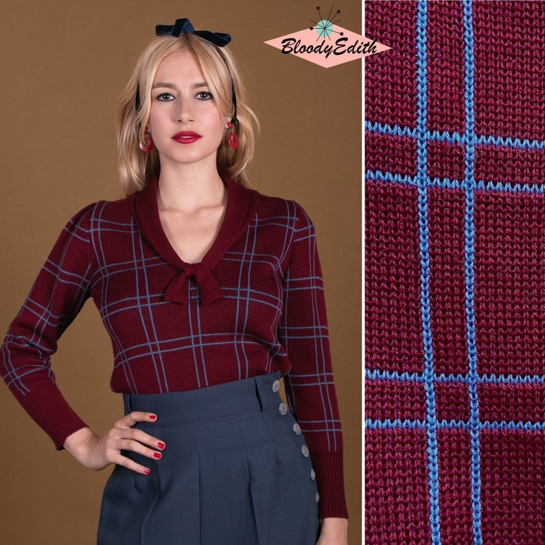 1940s Blouses, Tops, Shirts, Knitwear     Vintage 1940s Style Windowpane Plaid Warm Woolen “Loretta” Sweater Jumper - size SML  AT vintagedancer.com