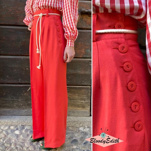 Vintage 1930s 1940s Style Coral Red Yellow Gabardine Pants - size XS,S,M,L,XL