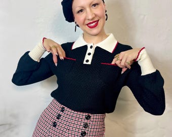 Vintage 1930s Style Woolen Knit "Brigitta" Polo Sweater  – Handmade Retro Style Jumper with Contrast Details - size S,M,L,XL