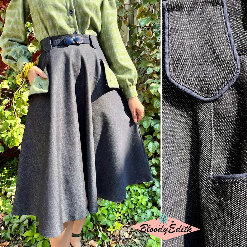 1940s Style Skirts- Vintage High Waisted Skirts     Vintage 1940s 1950s Style Denim Limited Edition Patsy