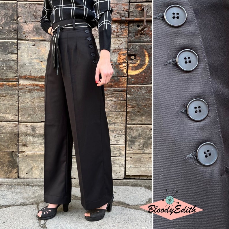 1930s Wide Leg Pants, Overalls, Beach Pajamas, Shorts     Vintage 1930s 1940s Style Black Wool Gabardine Pants - size XSSMLXL  AT vintagedancer.com